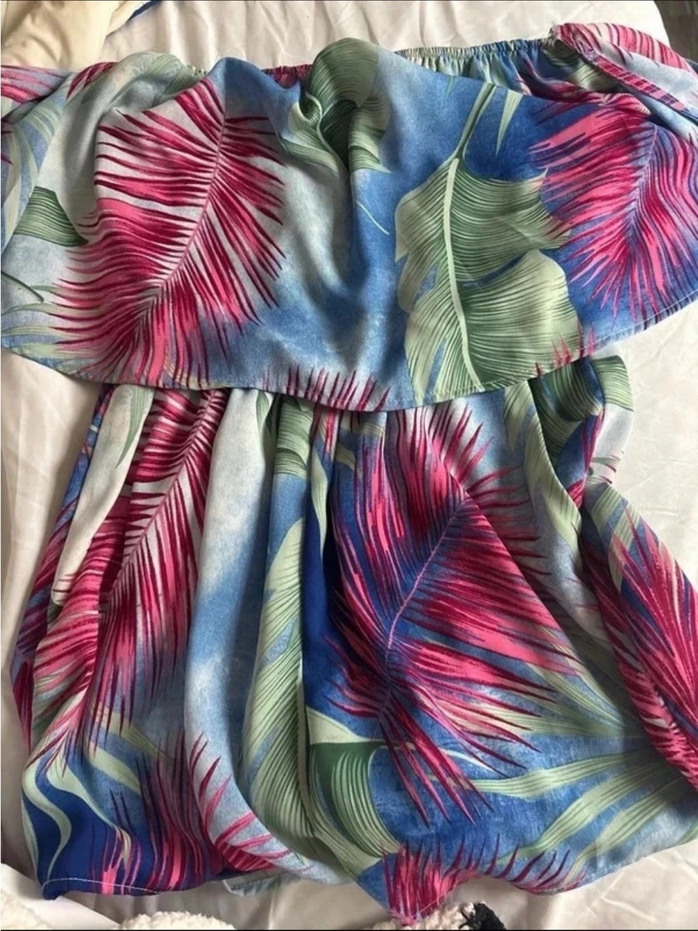 Blue Tropical Print Strapless Romper with Pink & Green Leaves
